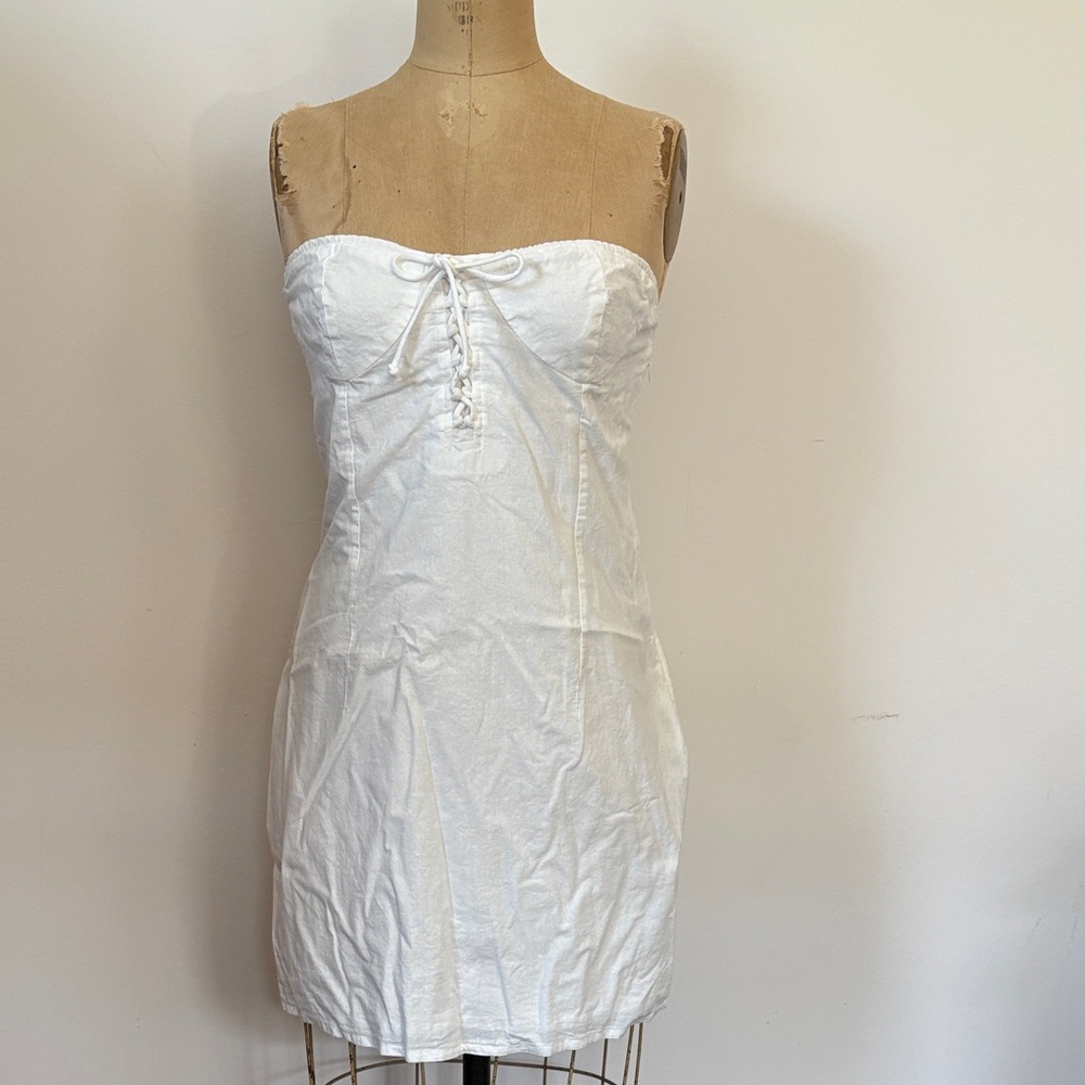 Bershka White Strapless Corset Tie Front Mini Dress M 100% Cotton 4